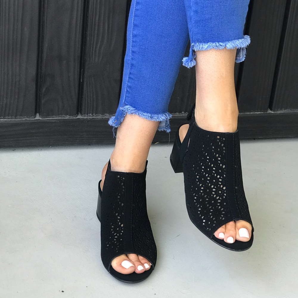 Black Floral Cut Out Perforated Peep Toe Shootie - Picture 6 of 7